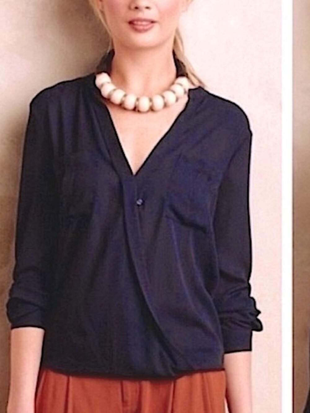 Maeve Anthropologie "Eva" Long Sleeve Wrap/Crossover Navy Blouse